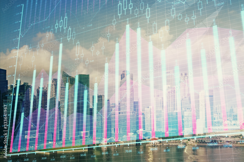 Forex chart on cityscape with skyscrapers wallpaper multi exposure. Financial research concept. Forex chart on cityscape with skyscrapers wallpaper multi exposure. Financial research concept.