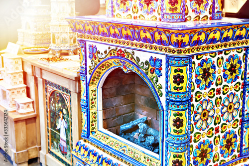 Two tier fireplace with colored glazed on exhibition