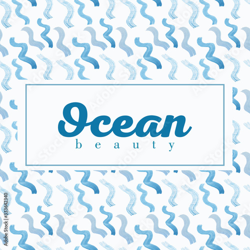 Drawn watercolor blue waves on a white background. Lettering Ocean
