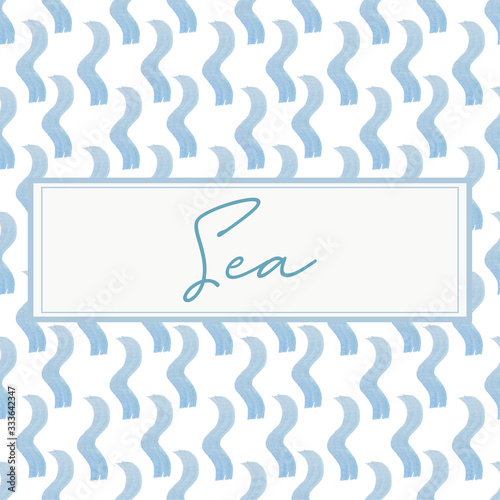 Drawn watercolor blue waves on a white background. Lettering Sea