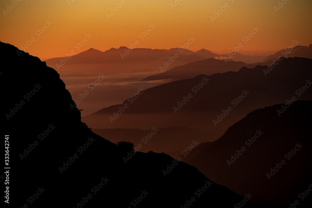 beautiful sunset seen from the top of Monte Cervati. Cilento and Vallo di Diano national park, Salerno, Campania, Italy