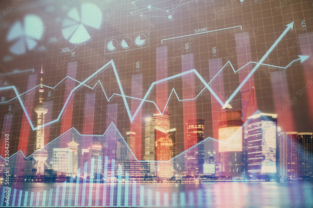 Financial graph on night city scape with tall buildings background double exposure. Analysis concept. Financial graph on night city scape with tall buildings background double exposure. Analysis concept.