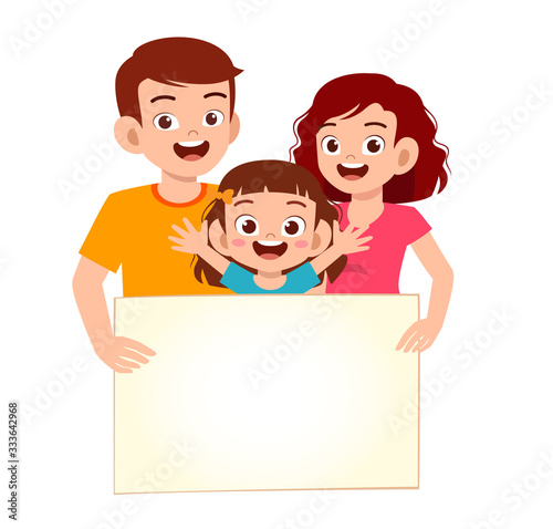 happy cute little kid girl and family with blank banner