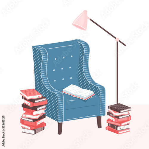 Home library. Stack of books, open book, armchair and lamp in living room. Pile of books vector illustration. Home reading concept