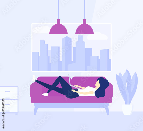 girl working at home, lying on the sofa, vector