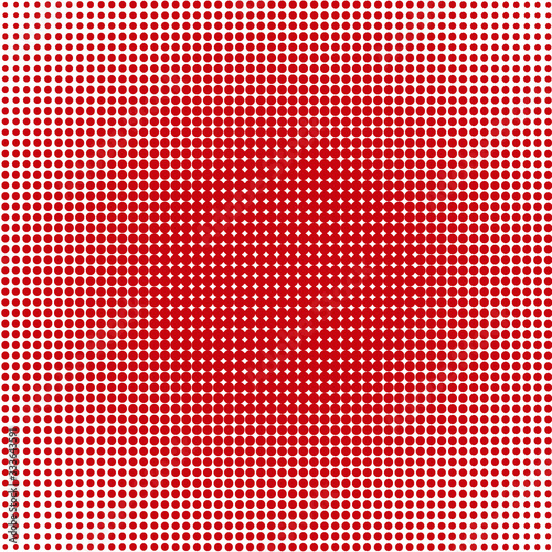 red background with halftone dot pixle shape