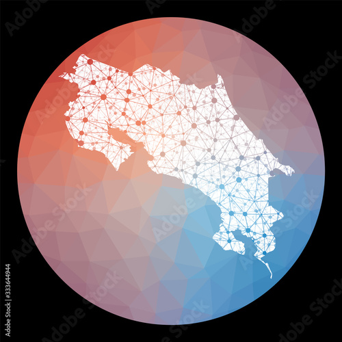 Vector network Costa Rica map. Map of the country with low poly background. Rounded Costa Rica illustration in technology, internet, network, telecommunication concept style.