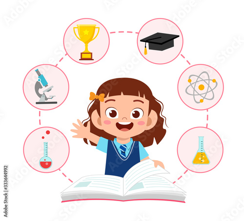 happy cute little kid school girl read book