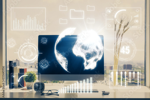 Forex market chart hologram and personal computer background. Multi exposure. Concept of investment.