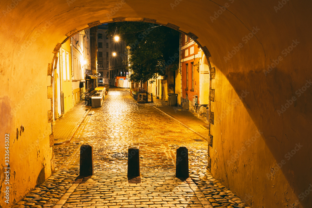 Riga, Latvia. Swedish Gate Gates Is A Famous Landmark. Cultural Monument In Lighting At Night Illumination
