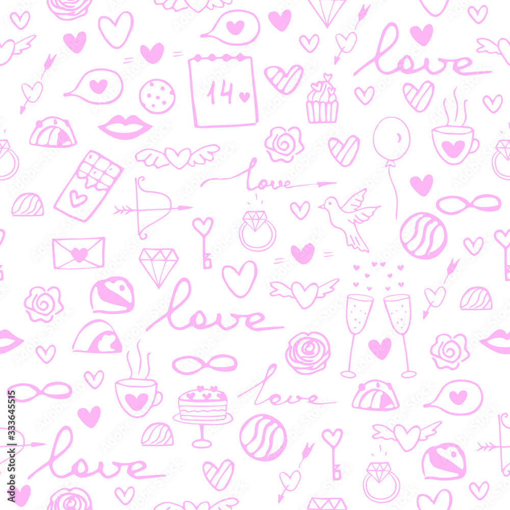  Valentines day or wedding seamless pattern in doodle style in vector. Valentines day romantic print for textile, fabric, wrapping, wallpaper, banners