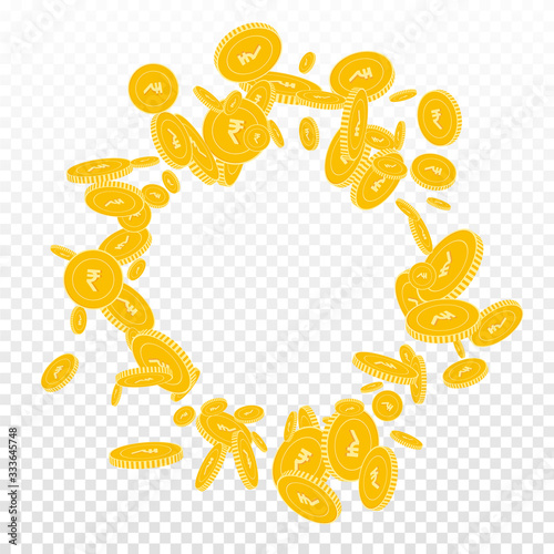 Indian rupee coins falling. Scattered floating INR