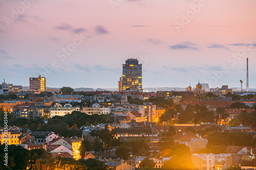 Vilnius, Lithuania. Residential Area In City Center Cityscape In Evening Time