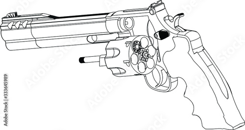 Vector. Gun with one bullet. Revolver colt python chrome isolated on black background. Conceptual. Suicide. Choice.
