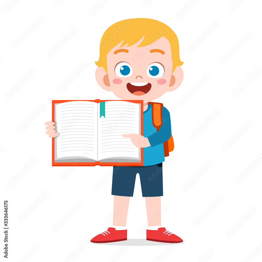 happy cute little kid boy carry blank book
