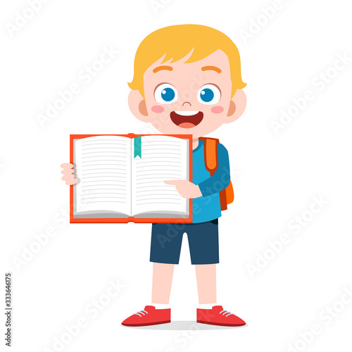 happy cute little kid boy carry blank book