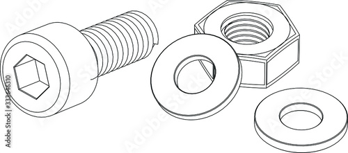 Vector. Bolt (hexagon socket head), Nut and Washers isolated on white background. Close up. Furniture hardware and fittings.