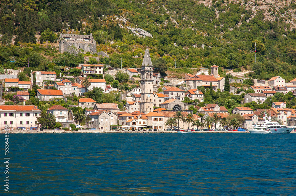 View of the Perast Old Town and Saint Nicholas church, Bay of Kotor, Montenegro