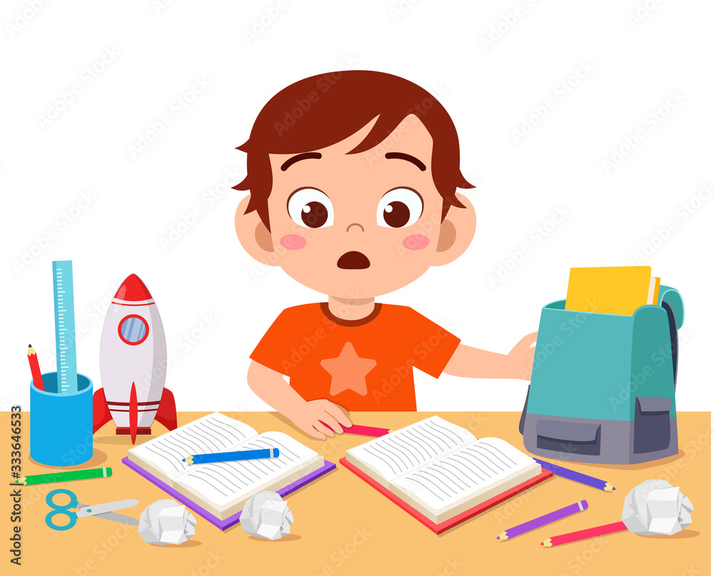 happy cute little kid boy with messy desk happy cute little kid boy with messy desk