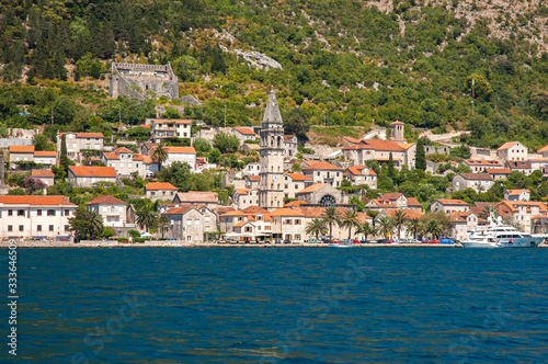 View of the Perast Old Town and Saint Nicholas church, Bay of Kotor, Montenegro © hivaka