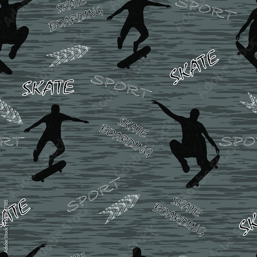 Abstract seamless pattern. Urban style modern background with skateboarder. Sport extreme style creative wallpaper