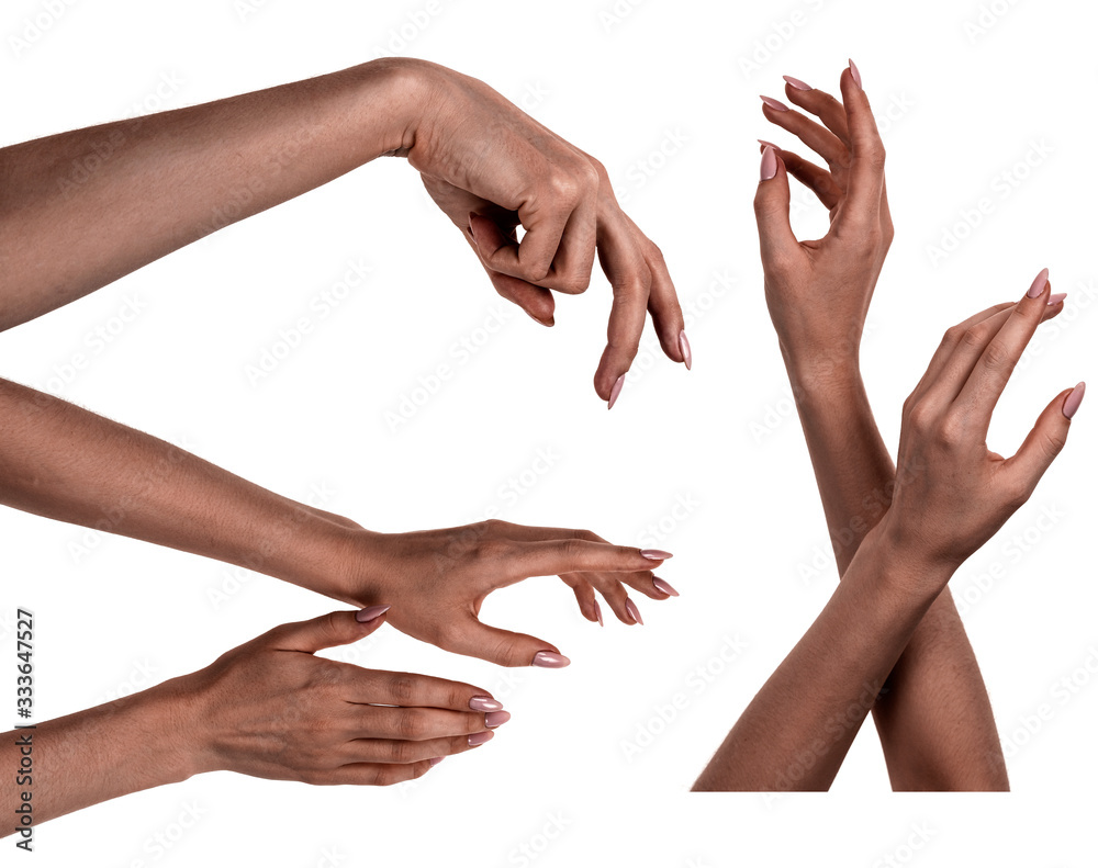 Multiple images set female black hands isolated white background ...