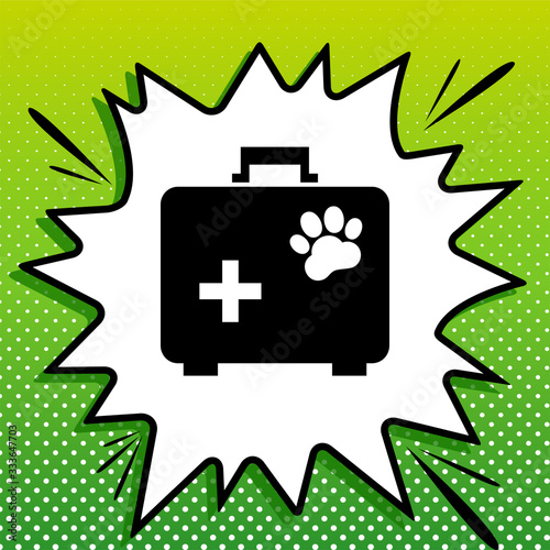 Pet shop sign illustration. Black Icon on white popart Splash at green background with white spots. Illustration.