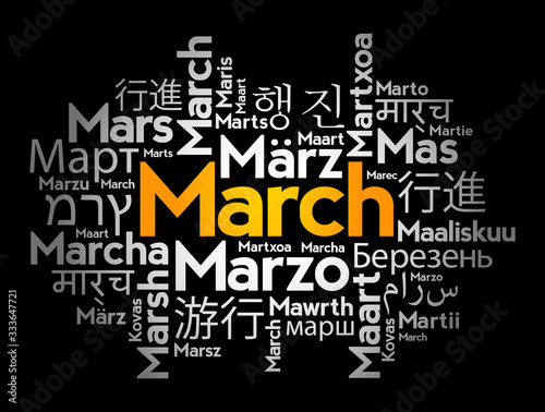 March in different languages of the world, word cloud concept background