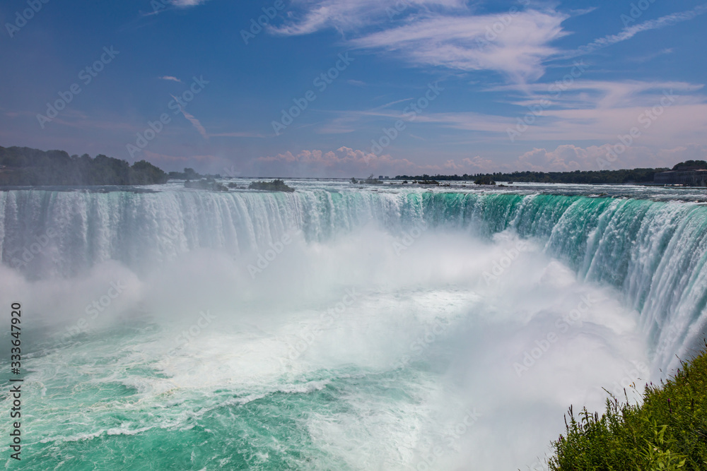 Panoramic view over the impressive Niagara Falls from the Hornblower cruise boat on the middle of the Niagara River. On the border between US and Canada. Massive water falls under the cloudy sky. Panoramic view over the impressive Niagara Falls from the Hornblower cruise boat on the middle of the Niagara River. On the border between US and Canada. Massive water falls under the cloudy sky.