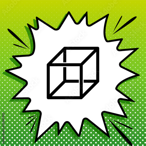 Wired cube sign with visisble ribs. Black Icon on white popart Splash at green background with white spots. Illustration. photo