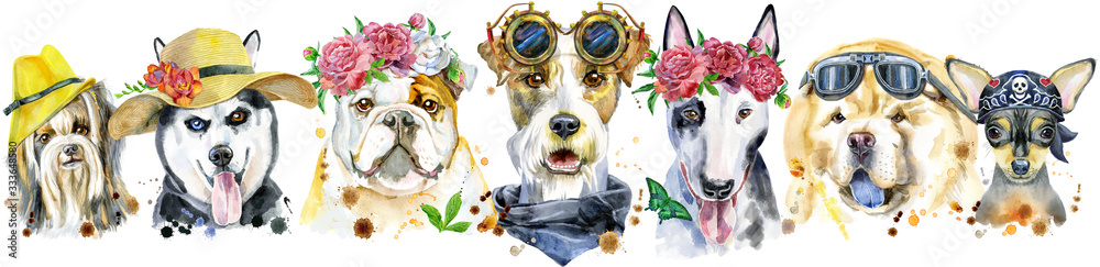 Plakat Ramka z akwarelowych portretów psów do dekoracji
