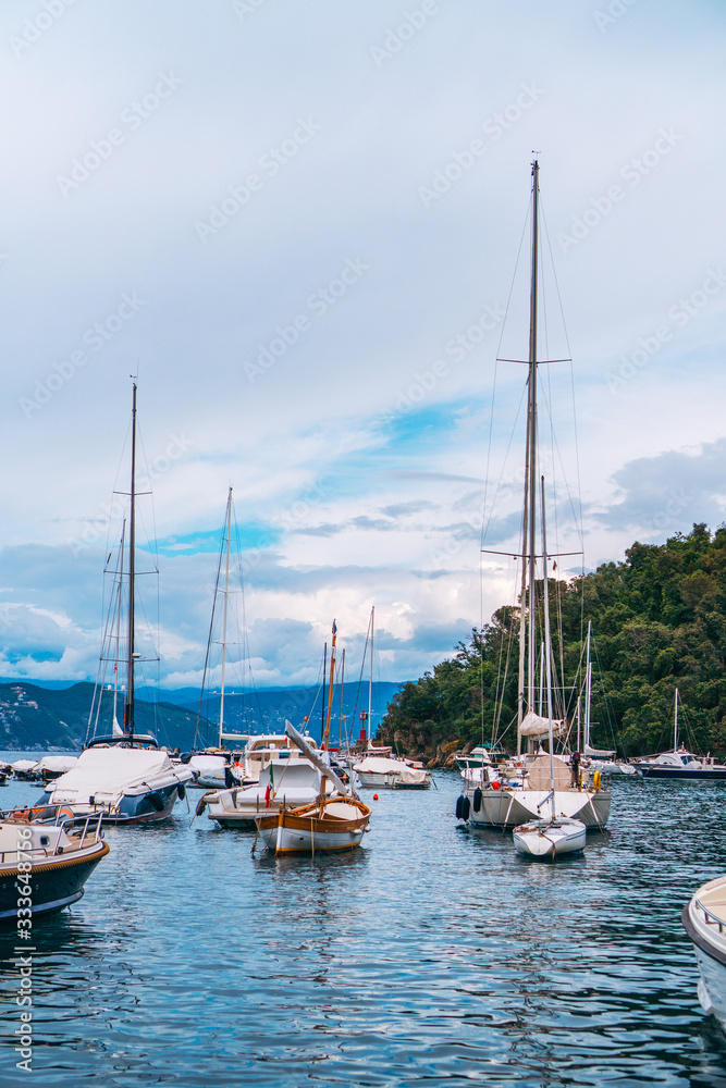 Stunning panoramic view of Portofino, one of the world’s most beautiful seaside towns on the Italian Riviera. Mediterranean landscape of yacht-filled harbour and mountains in the background.