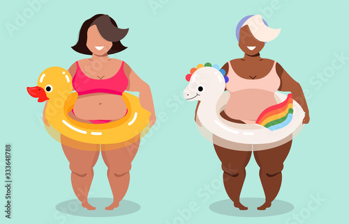 Girls and swimming rings. Chubby ladies in swimsuits. Female characters. Colourful pool rings - unicorn and yellow bath duck. Summer concept. Body positive modern illustration for web and print use.