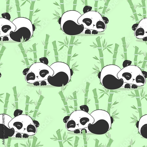 Fototapeta Naklejka Na Ścianę i Meble -  Background with cute pandas and bamboo, vector illustration. cartoon character pattern seamless.