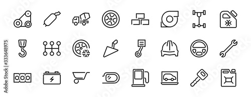 A simple set of car services related vector line icons. Contains icons such as oil, diagnostics, turbine, steering wheel, chassis, gearbox and much more. Editable move. 480x480 On a white background