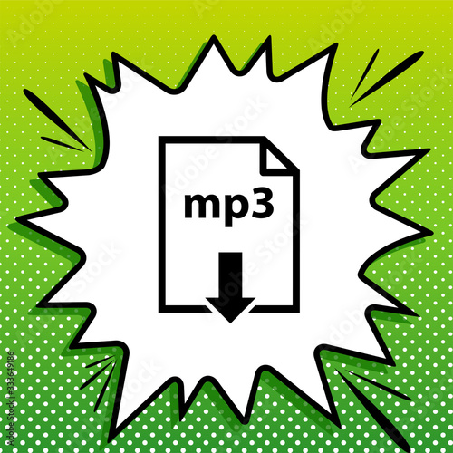 Mp3 download sign. Black Icon on white popart Splash at green background with white spots. Illustration.