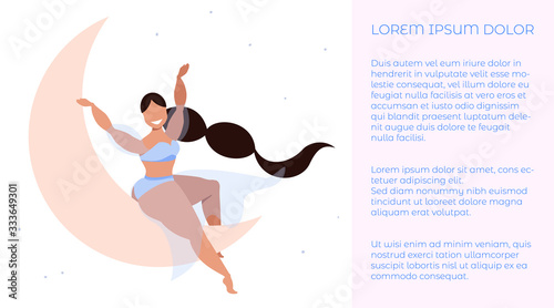 Girl sitting on the moon. Long hair beautiful girl sitting on the crescent. Hand drawn vector illustration. Boudoir  female beauty concept.  Modern design for banner, leaflet, promo brochure.  
