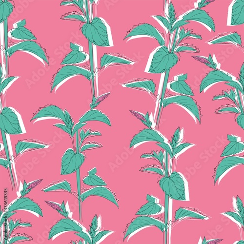 Hand drawn Mint grass pattern seamless. Vector illustration. Menthol leaves background. Print for fashionable textile.