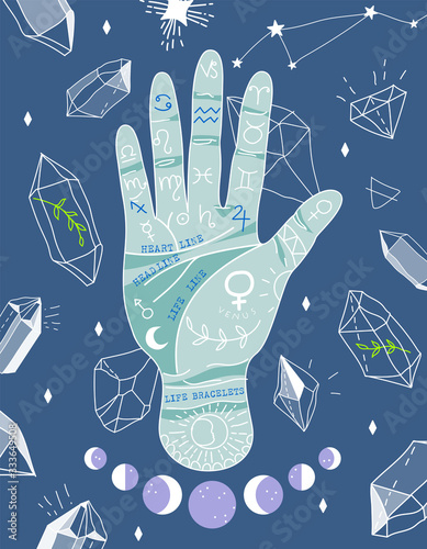 Palmistry and hieromancy. Hand lines and their meanings. Moon phases. Crystals in variety of shapes. Magical hand drawn vector illustration for web and print design. Trendy colourful palmistry hand.