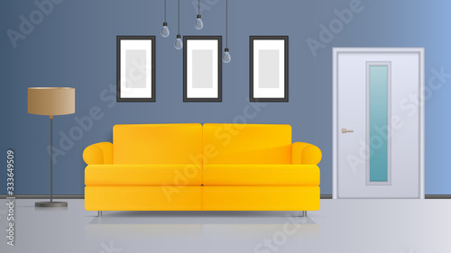 Vector illustration of an interior. Yellow sofa, white door, floor lamp with white lampshade, white ceiling lamp. Realistic vector interior.