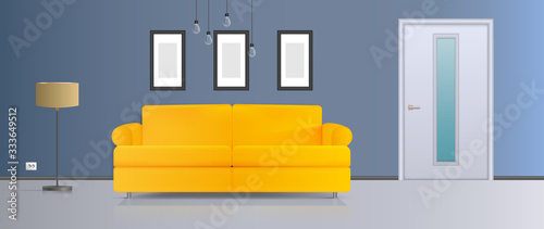 Vector illustration of an interior. Yellow sofa, white door, floor lamp with yellow lampshade. Realistic vector interior.