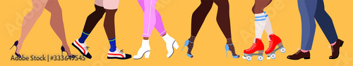 Legs and shoes. Male and female legs and roller skates, shoes, high heels and trainers. Colourful socks and pants. Party people. Modern banner design for web and pint. Trendy vector illustration. 
