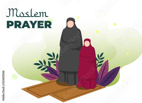 Moslem Women Prayer Together Islami Flat Illustration with Soft Gradient photo