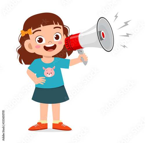 happy cute little kid girl holding megaphone