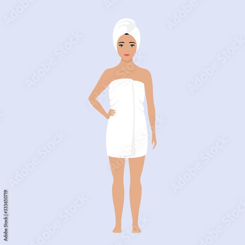 Asian woman wrapped in a white towel after a shower stands barefoot. Vector stock flat illustration
