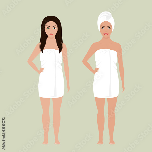 Two women wrapped in a white towel after a shower stand barefoot. Vector stock flat illustration