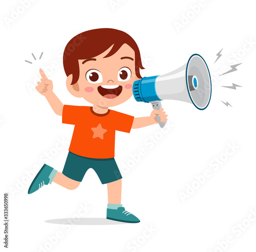 happy cute little kid boy holding megaphone