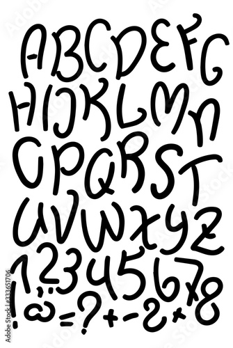 Handwritten English Font With Capital Letters, Numbers, Punctuation Signs. Vector Alphabet on white background