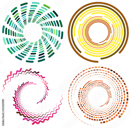 set of colorful, multicolor and monochrome cyclic, cycle concentric rings. revolved spirals, vortexes, swirl, spirals and twirls. abstract circular, radial loop shapes, elements
