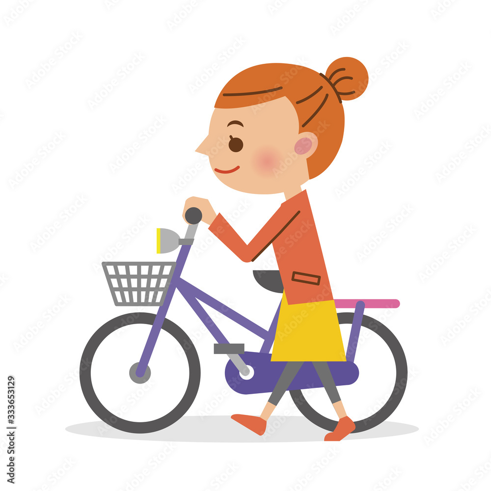 自転車を押し歩きする女性 自転車を押し歩きする女性